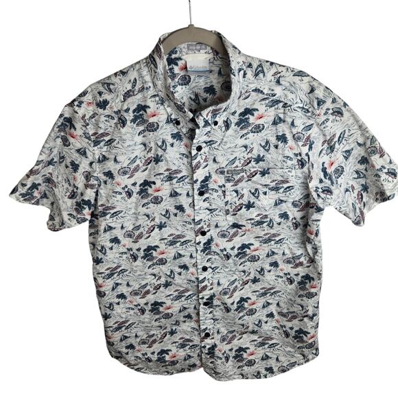 Columbia Button Down Shirt Short Sleeve Mens M Beach Umbrella Palm Tree Sailboat - Picture 1 of 9
